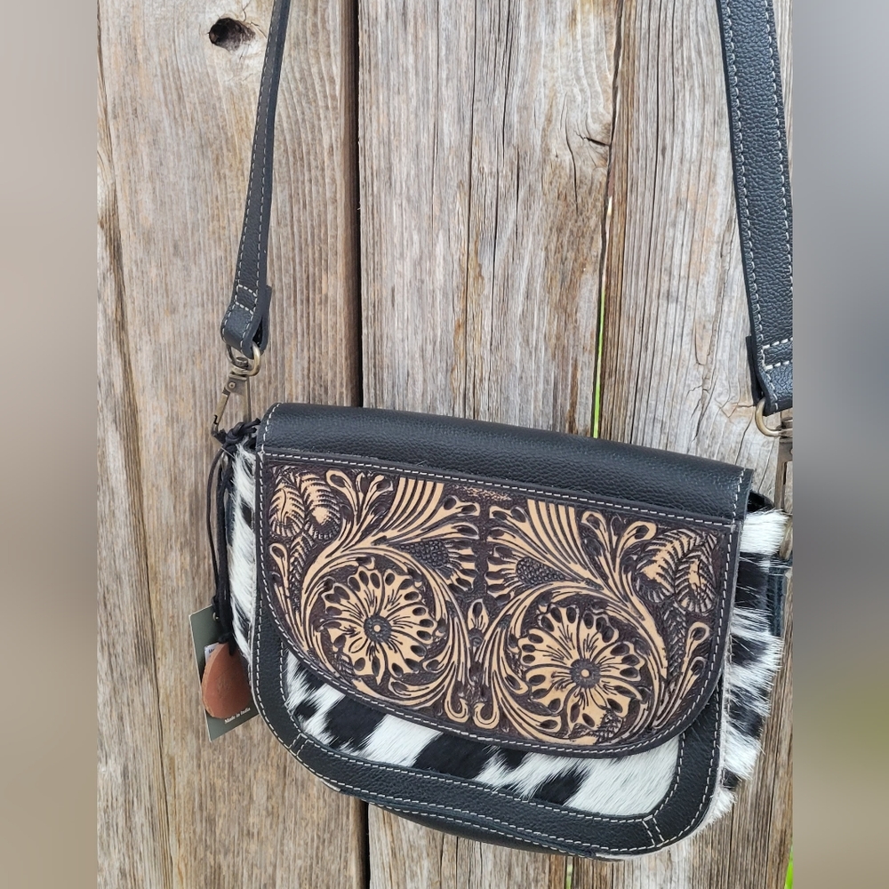 Wiggly Hand Tooled Crossbody Myra Bag / Premium Leather Bag